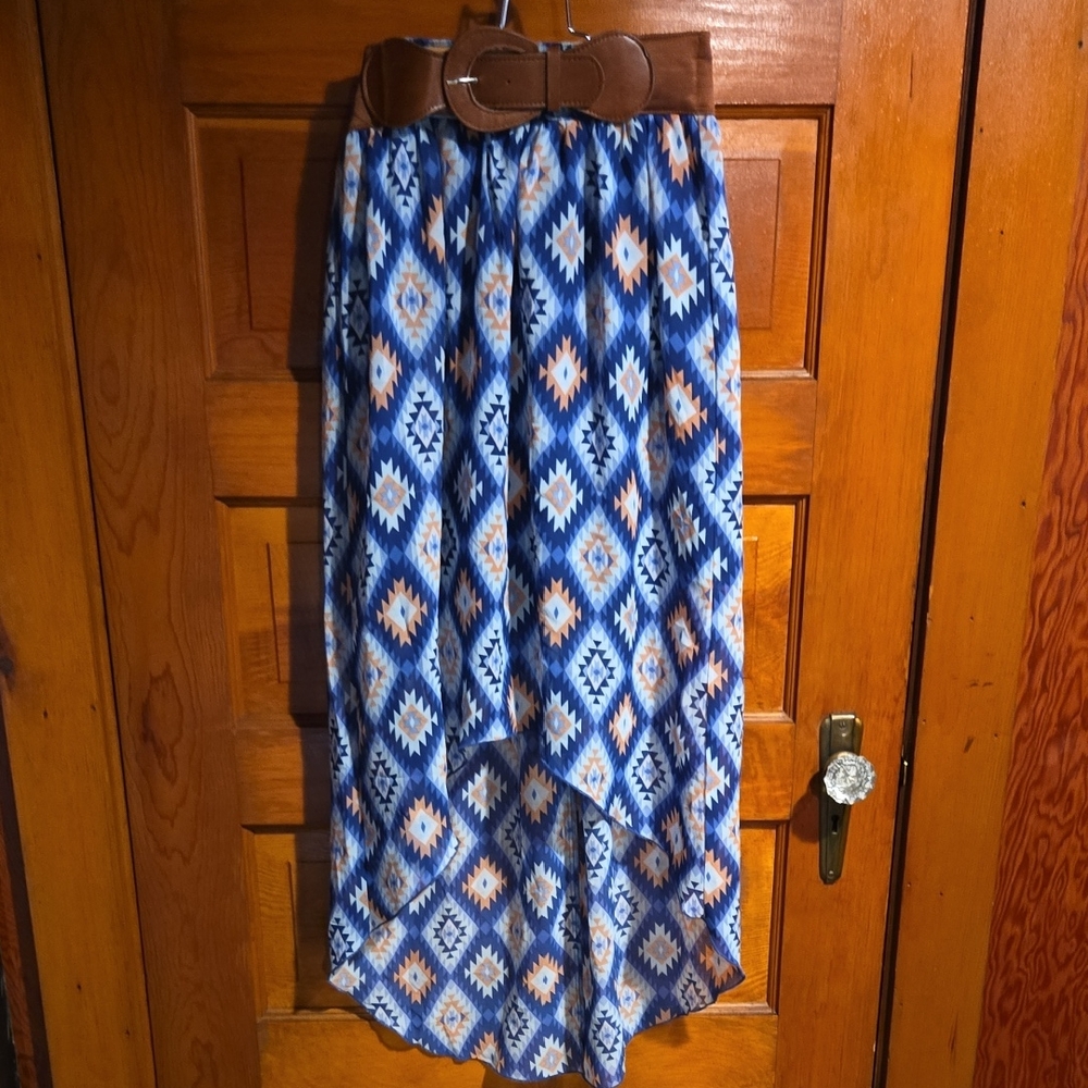 No Boundaries Blue Aztec High-Low Maxi Skirt with Tan Accents